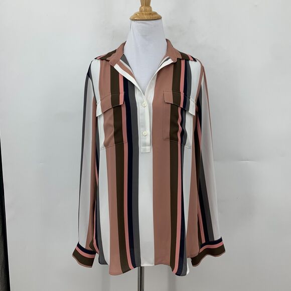 Ann Taylor Stripe Blouse Womens S Small Multi 1/2 Button Flap Pockets Loose Fit - Picture 2 of 13